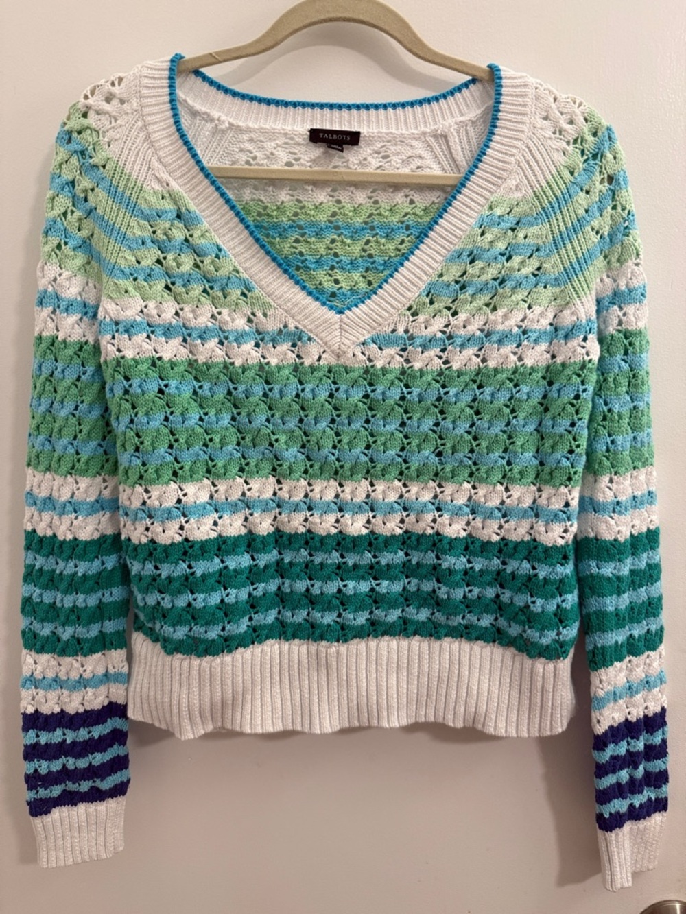 Talbots Women's Striped Open-Knit V-Neck Sweater - White & Greens. XS